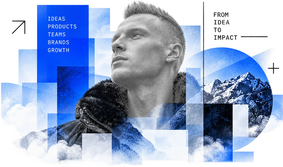 Sven, collaged with mountains, clouds and blue blocks listing ideas, products, teams, brands and growth